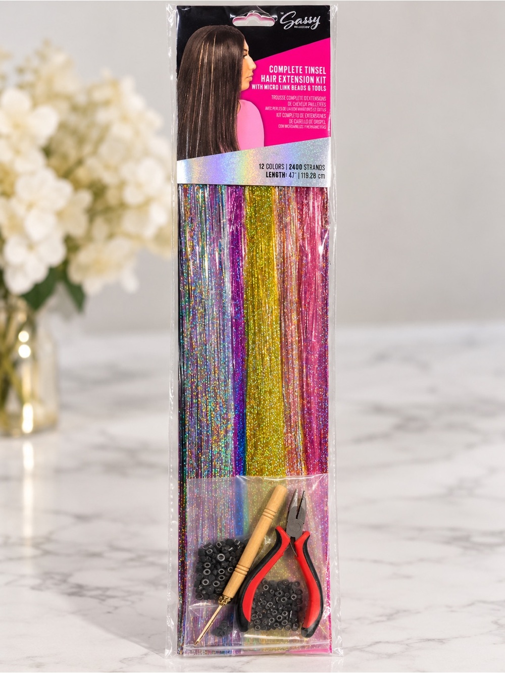 Sassy Complete Tinsel Hair Extension Kit 12 Colors 2400 Strands Micro Beads NEW